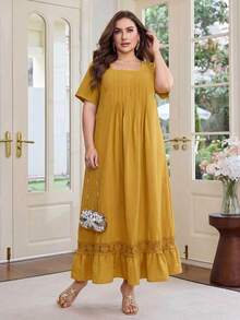 Al Najma Plus Size Women's Elegant Arabic Style Solid Color Linen Fabric Contrast Lace Ruffle Loose Long Dress, Spring/Summer - Yellow - View 7