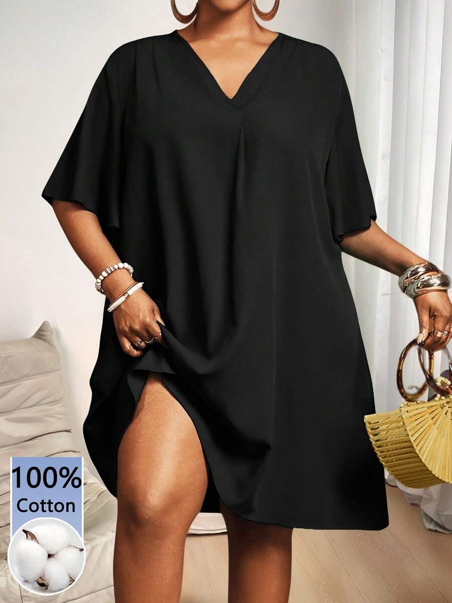 Slaydiva Casual Black Fabric Plus Size Women's Loose Short Sleeve Dress Suitable For Summer Black Dress Music Festival Vacation - Black - View 1