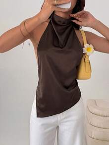 Firerie Women's Sexy Backless Halter Neck Blouse, Elegant For Party, Commute And Vacation, Summer - Brown - View 5