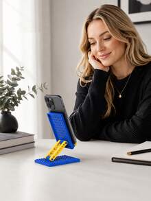 Joivida 1Pc Adjustable Building Block Phone Stand, Foldable Desktop Lazy Phone Holder With Heavy‑Duty Metal Base & Anti‑Slip Silicone Pad, 90° Dual‑Axis Angle Adjustable Brick‑Inspired Cell Phone Cradle, Horizontal & Vertical Compatible, Portable Foldable Desk Decor For Home Office Bedroom, Creative DIY Phone Stand In Navy Blue & Rose Red - Multicolor - View 6
