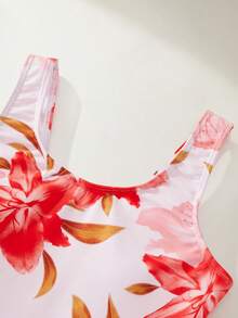 SHEIN 少女簡單熱帶休閒度假時尚修身舒適粉色百合花紋吊帶上衣與雙層裙套裝海灘夏季 - 粉色 - 查看 7