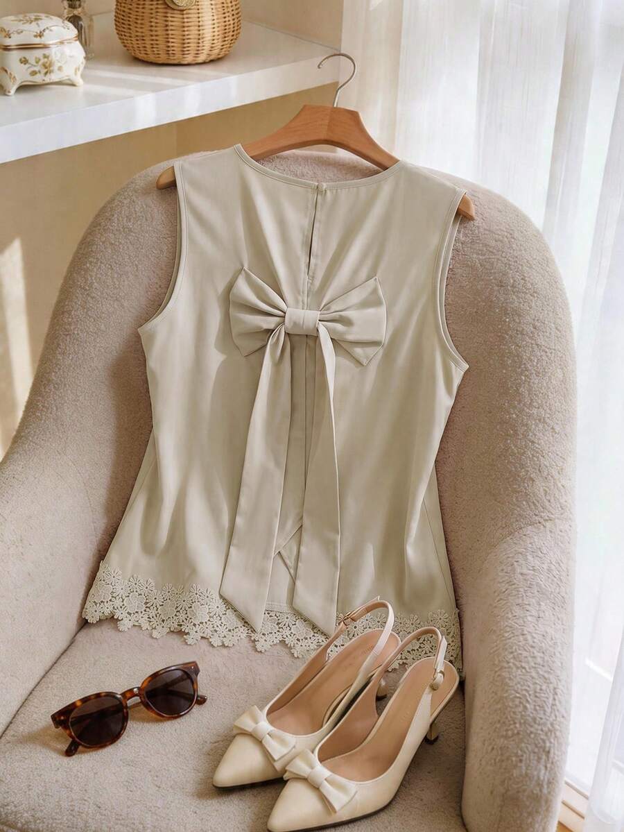 CosyJoli Plus Size Women's Solid Color Bow Decor Sleeveless Blouse, Casual Elegant Office Date Night Wear Going Out Shirt Daily Khaki Summer - Apricot - View 1
