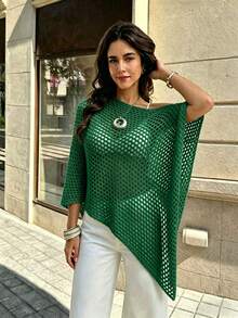 SHEIN PariChic Sweater Berlubang Semi-Transparan Leher Bulat dengan Hem Asimetris, Warna Hijau Aqua, Gaya Liburan Musim Panas Boho - Hijau - View 6