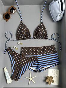Bonvoyette Women's White And Polka Dot Striped Bikini Swimsuit Set, Simple Three-Piece With Low-Rise Shorts, Summer Casual Sexy Holiday Vacation Outfits Golf - Multicolor - View 8