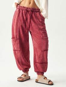 Bohemela Casual Solid Color Knit Loose Cuffed Sweatpants For Women - Burgundy - View 8