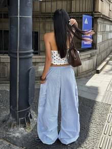 Coolane 女款夏季街頭風藍白條紋純棉寬鬆寬腿低腰降落傘長褲，城市度假休閒運動風 - 藍白色 - 查看 4