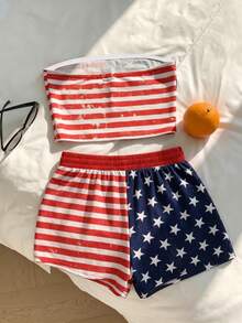 SHEIN EZwear 女士7月4日美国国旗风格休闲印花抹胸上衣和短裤套装 - 彩色 - 查看 2