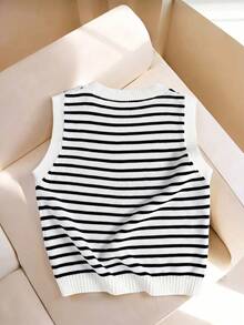 INAWLY Gilet sans manches en tricot à col rond rayé décontracté et polyvalent pour femmes - Nude - Voir 2