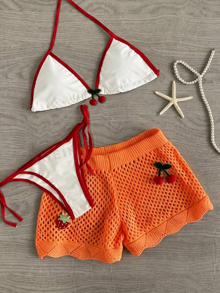 Sweetra Quần short len dệt kim nữ mùa hè thời trang dễ thương quyến rũ đi biển họa tiết anh đào 3D đan rỗng - trái cam - Xem 1