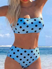 Swim Lushoire 女款夏季度假海灘天藍色拼色波點印花純色可拆卸細肩帶抹胸高腰比基尼套裝 - 彩色 - 查看 1
