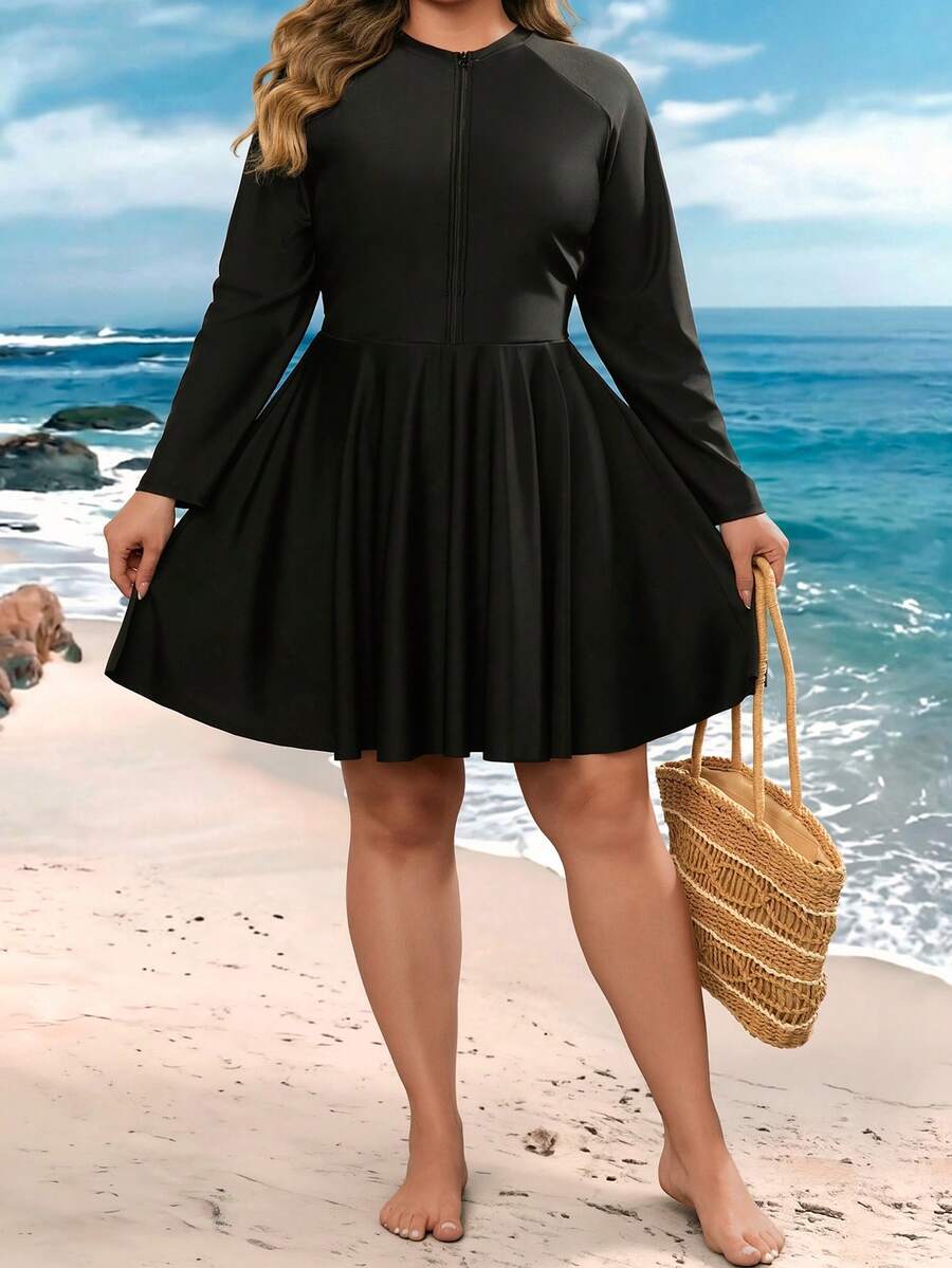 SHEIN CURVE+ 大尺碼女款素色前開拉鍊長袖休閒衝浪裝,適合海灘度假 - 黑色 - View 1