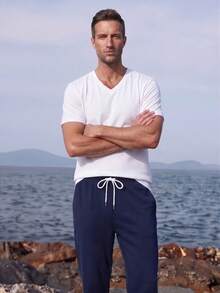 Men's Casual V-Neck Short Sleeve T-Shirt, For Daily Wear, Casual Commuting - White - View 6