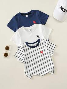 SHEIN Bộ 3 món áo thun ngắn tay và áo len tối giản phong cách thường ngày cho bé trai, bộ quần áo mùa hè cho bé trai. - Màu xanh hải quân - Xem 6