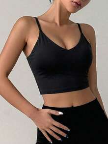 DAZY Spaghetti Strap Padded Short Solid Color Seamless Slight Push-Up Bra Women's Sports Bra - Black - View 2