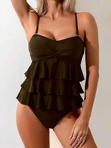 Swim Basics 全球夏季熱銷新款女款性感優雅坦基尼泳衣套裝，海灘度假泳上衣搭配多層波浪邊工藝，黑色純色面料，運動休閒可拆卸肩帶掛脖式兩件式坦基尼泳衣套裝 - 咖啡棕 - 查看 3