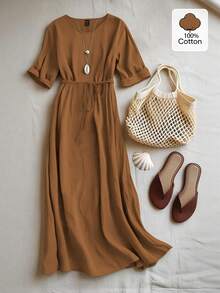 Louniche Standard Size Women's Waist Tie Design Casual Boho Holiday Solid Color Dress Holiday Vacation Shades Of Brown Summer Vacation - Brown - View 3