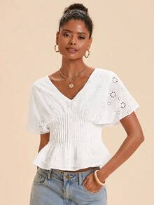 Travachic Women's Vacation Casual Romantic Solid Color Hollow Embroidery Batwing Sleeve Waist-Defining Top Vacation White Summer - White - View 6
