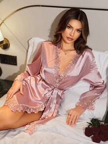 SilkySpell Embroidered Lace Trim Faux Silk Elegant Robe Sleeping Pink Autumn - Burgundy - View 4