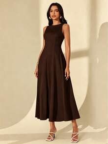 SHEIN Raffinéa Women's Elegant Textured Colorblock Sleeveless Dress - Brown - View 6