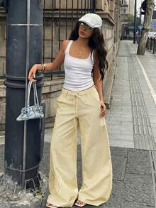 Coolane Women's Summer Streetwear Casual Basic Daily Wear Going Out Graphics Striped Butter Yellow Baggy Low Rise Straight Pants - Light Yellow - View 2