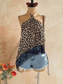 Soleia Women's Tank Top Leopard Print Halter Neck Tie Asymmetrical Hem Lace Trim Sexy Sleeveless Top Going Out Night Out Cocktail Parties Black And White - Brown - View 6