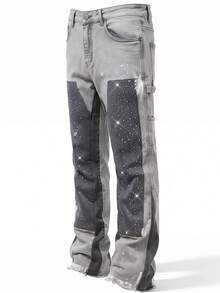 ROMWE MEN Street Life Men's Casual Fashion Street Patchwork Contrast Color Rhinestone Embellished Flared Jeans - Grey - View 6