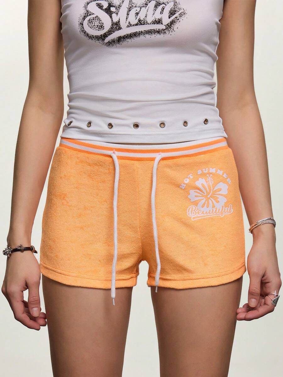 INAWLY Women's Orange Off-Shoulder Letter Print Drawstring Waist Shorts - Orange - View 1
