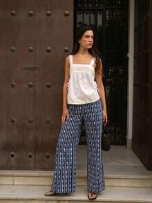 Nöista Wide-Leg Pants In A Fishes And Stripes Printed Fabric With A Mid-Rise Waistband, Button Closure, Front Pockets. Spring, Summer, Music Festival. - Royal Blue - View 9