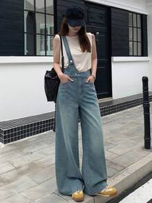 DAZY Women's Casual One Shoulder Wide Leg Denim Overalls, Summer - Medium Wash - View 11