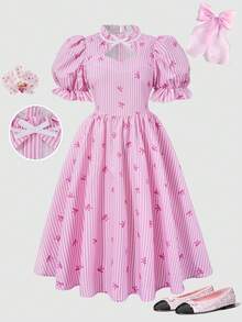 SHEIN Girls' Blue Textured Fabric Sleeve Beaded Chest Cut-Out Bow Ribbon Decor Dress, Suitable For Elegant, - Pink - View 5