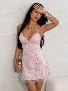 SHEIN PETITE Women's Elegant Sexy Pleated Cup Embroidered Solid Color Fitted A-Line Mini Dress - Pink - View 5