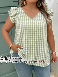 SHEIN CURVE+ Plus Size Women's Casual Polka Dot Print Ruffle V-Neck Blouse, Summer - Green - View 1