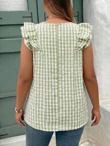 SHEIN CURVE+ Plus Size Women's Casual Polka Dot Print Ruffle V-Neck Blouse, Summer - Green - View 2