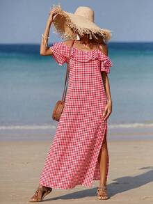 SHEIN Holidaya Women's Spaghetti Strap Ruffle Side Slit Dress - Multicolor - View 3