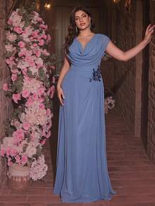 Glamrae Plus Size Elegant Formal Deep Dusty Blue Chiffon Draped Neck Dolman Sleeve Ruched Asymmetric Ruffle Hem Luxurious Applique Decor Dress Wedding Evening - Dusty Blue - View 5