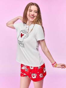 Provexi Provexi 女款大尺碼白色與紅色咖啡心形圖案短袖睡衣套裝，可愛日常居家休閒款 - 彩色 - 查看 8