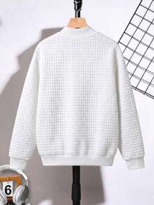 SHEIN 青少年男孩休閒百搭紋理小格紋棒球夾克外套，適合通勤、上學、日常休閒出遊、運動，秋冬穿著 - 白色 - 查看 3