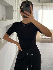Dazy-Less Dam Sommar Enfärgad Normala Axlar Kortärmad T-shirt Old Money Style Business Casual Dam - Svart - Visa 9
