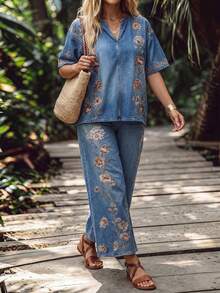 SHEIN LUNE CURVE Spring/Summer Vacation Casual Elegant Denim Effect Print Plus Size Women's Clothing Set Light Blue - Red and White - View 5