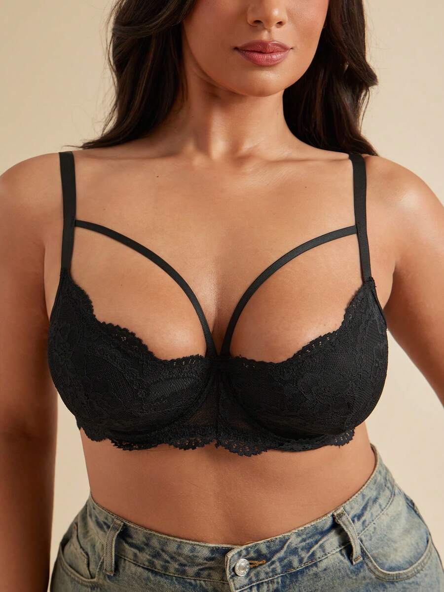 SHEIN BAE CURVE 1 件大码女士蕾丝镂空性感钢圈文胸 - 彩色 - 查看 1