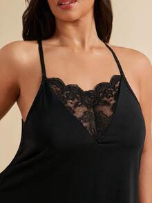 SHEIN BAE CURVE Plus Contrast Lace PJ Set / Pajama Set - Black - View 6