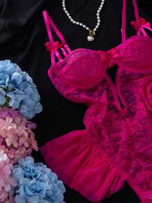 Crystal Vow Butterfly Lace Mesh Ruffled Underwire Jumpsuit, Cute Sheer For Women Rave Hot Pink Summer - Hot Pink - View 3