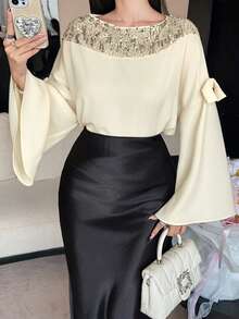 DAZY Autumn White Sequin Blouse Women Niche Design High-End Elegant Modest Beaded Mesh Patchwork Cape Top Birthday Mother Of The Bride Wedding - Apricot - View 3
