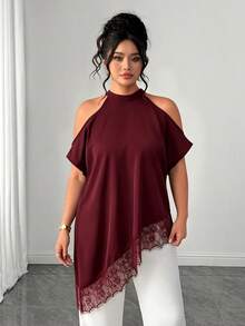Elenzga Plus Size Summer Fashion Casual Vacation French Vintage Elegant Commuter Lace Patchwork Off-Shoulder Blouse - Burgundy - View 6