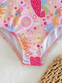 SHEIN Baby Girl Toddler Girl Rose Red Tropical Island Leopard Print Back Bow Ruffle One-Piece Swimsuit - Multicolor - View 6