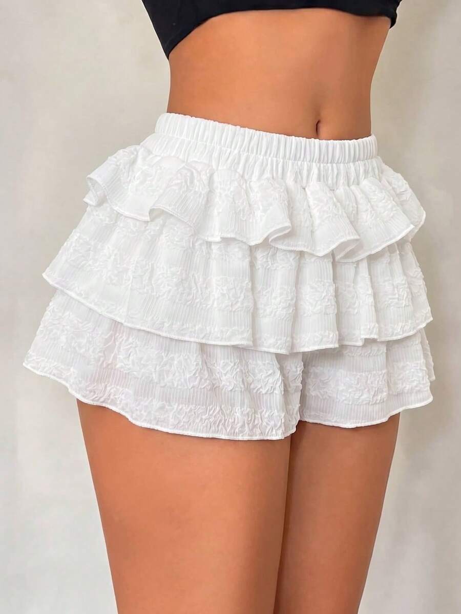 SHEIN SXY Summer Casual Cute Home Solid Color Ruffle Trim Layered Shorts Vacation White,Summer ,Holiday ,Casual  , Ruffle ,