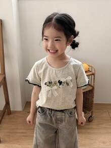DAZY Baby Girl Round Neck Cartoon Short Sleeve 2 In 1 Print Top Summer Toddler - Grey - View 1