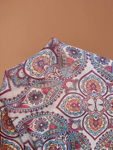 JIAN LASALA Áo nữ cổ thuyền in toàn thân, tay bèo xếp lớp, vải lưới xuyên thấu, phong cách boho casual đi du lịch và brunch, màu xám nhạt, mùa thu - Nhiều màu - Xem 7