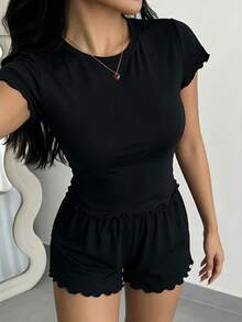 DAZY 2pcs/Set Women's Solid Color Short Sleeve T-Shirt & Loose Short Pajama Pants Summer Sleepwear Set - Black - View 3