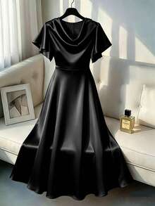 GlowEve CURVE Plus Size Summer Elegant Solid Color Cowl Neck Ruffle Sleeve Dress - Black - View 1